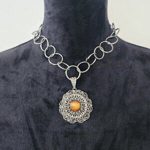 Vintage 90s Bronze SIlver Chain Necklace Orange Victorian-Style Costume Jewelry